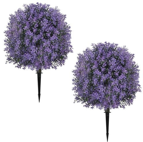 Sunnyglade 25.5 Set of 2 Artificial Lilac Flowers Tree, Faux Lilac Shrub Bushes with Ground Spike, UV Resistant Fake Delphinium Antirrhinum for Indoor, Garden, Yard, Porch, Patio Decor (Purple)