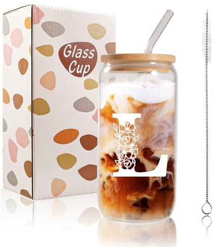 Bliceon A-Z Initial Personalised Birthday Gifts for Women, 500ml Iced Coffee Glass Cups for Mum, Friends and Sisters, Men, Dad, Iced Coffee Cup Gift with Lids and Straws (L)