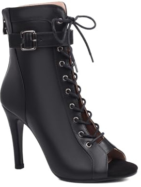 GYUBL Stivali da Ballo Nero Donna con Punta Aperta Lacci Scarpe da Ballo Jazz Salsa Bachata con Tacco Alto 9,5 cm, 38 EU