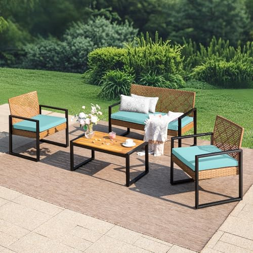 MFSTUDIO 4-Sitzer Gartenmöbel Set Rattan Terrassen Balkonmöbel Set mit Holz Couchtisch und Stühlen Kleines Outdoor Sitzgruppe Möbel mit Mintgrünen Kissen Wetterfest