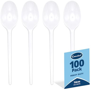 Essential Housewares - White Reusable Teaspoon - Heavy Duty Plastic - Birthdays, Parties, Camping, Catering - 14cm Long