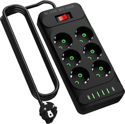 Multiprise 12 en 1 avec câble de 2 m et interrupteur, 6 prises européennes et 6 ports USB (5 V-2,1 A), 2500 W, parfaite pour la cuisine, la salle de bain et le dortoir