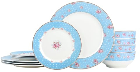 fanquare 12-teiliges Geschirr-Set mit blauem Blumenmuster, Vintage-Teller, Schüssel-Set, Keramikgeschirr für Zuhause, Party, mikrowellen- und spülmaschinenfest