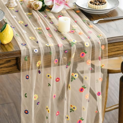 Artoid Mode Aprikose Tüll Stickerei Blumen Gaze Frühling Tischläufer 70x300 cm, Sommer Küche Tisch Dekoration Drinnen Urlaub Party Dekor