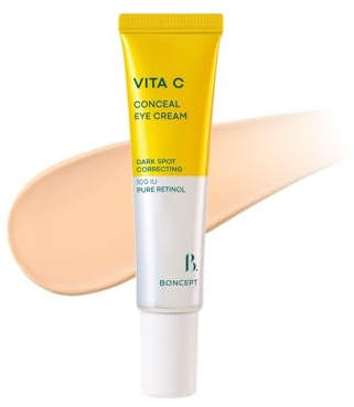 BONCEPT Vita C Conceal Eye Cream - Hydrating Color-Correcting Korean Eye Cream for Dark Circles with Vitamin C, Retinol | Light Medium, Dewy Finish, Medium Coverage | 0.34 fl. oz. / 10ml