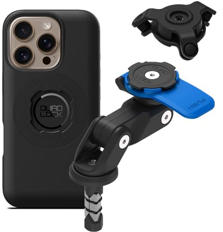 QUAD LOCK Gabelschaft-Handyhalterung (V2) für Motorrad mit Vibrationsdämpfer und MAG Hülle für iPhone 16 Pro