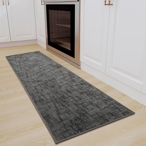 QINTOK Tapis Cuisine Devant Evier 50x150cm, Tapis de Couloir en Tissu Jacquard, Caoutchouc Soutenu Tapis de Cuisine Runner, Absorbent Tapis de Sol pour Devant l'évier, Buanderie, Salle de Bains, Gris