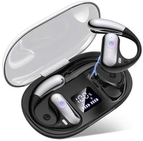Paekole Auriculares Open Ear Bluetooth 5.3 Inalámbricos, Auriculares Deportivos de Oreja Abierta con Gancho, 80H Cascos Inalámbricos para Running Deporte, Pantalla LED IPX7 ENC