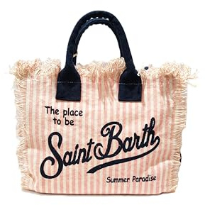Saint Barth MC2 Tasche Colette aus Canvas, gestreift, cremefarben und rosa mit blauem Logo, Maße: 30 x 22 x 15 cm