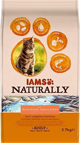 IAMS Naturally Katzenfutter trocken mit Lachs und Reis - komplettes und ausgewogenes Trockenfutter mit natürlichen Inhaltsstoffen, 2,7 kg