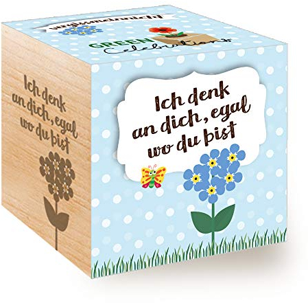Feel Green - WE CREATE NATURE Celebrations Ecocube, Vergissmeinnicht, Holzwürfel Mit Lasergravur «Ich Denk An Dich, Egal Wo Du Bist», Nachhaltige Geschenkidee, Anzuchtset, Made in Austria