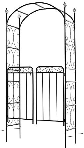 Outsunny Garden Decorative Metal Arch with Gate Outdoor Patio Trellis Arbor for Climbing Plant Archway Antique Black - 108L x 45W x 215Hcm