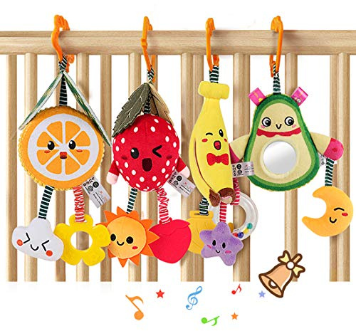 TUMAMA Baby Toys for 3 6 9 12 Months,Hanging Fruit Rattles Avocado,Banana,Orange and Strawberry,Stroller Mobile Toys,Plush Soft Rattles for Boys,Girls Christmas Gifts,4 Pack