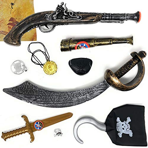 AMLI Kinder Piratenzubehör Set 10 teilig - Pirat Zubehör mit Fernrohr Säbel Pistole Augenklappe u.v.m | Für Piratenkostüm Karneval Fasching Motto Party | Piratenset Kostüm Accessoires Verkleidung