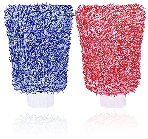 Guantes Microfibra para lavar, BKJJ 2 piezas Guantes Lavado Autos Microfibra, Guante Microfibra para Coche, Guantes Lavado Coche, Para Limpieza Hogar Cocina Coche (Azul y Rojo)