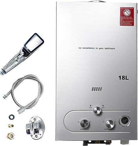 ECUTEE 18L 36KW Scaldabagno a gas di petrolio liquefatto Scaldabagno a gas propano/GPL, Scaldabagno istantaneo senza serbatoio con kit doccia, Per docce da esterno, argento