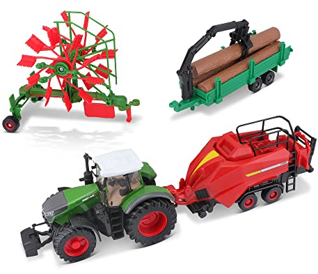 BBURAGO 4 in 1 Set Fendt 1050 Vario Traktor mit 3 Anhänger, grün - Bauernhof Modelltraktor Spielzeugtraktor mit Schwungrad-Antrieb, Spielzeugtraktor für Kinder ab 3+ (18-31701)