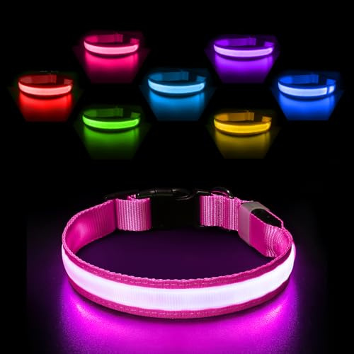 PcEoTllar Leuchthalsband Aufladbar, Einstellbar für Hunde, Rosa-M | LED Halsband mit 7 Farben & Blinkmodi. Aufladbar, wasserdicht & verstellbar für kleine bis große Hunde.