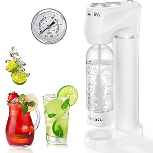 Secura Home Sprudelwassermaschine, exklusive Manometer-Technologie, schnelle und individuelle Kohlensäure für jedes Getränk, mit BPA-freier PET-Flasche, kompatibler 60-Liter-CO2-Austauschzylinder