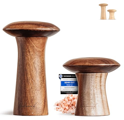 Mühlenbruch Design Salz und Pfeffermühle FSC HOLZ 15cm - 2er Set mit Pfeffer und Salzmühle - Manuelle Gewürzmühle Keramikmahlwerk - Küchenhelfer Geschenkidee Weihnachten - Akazie - Pilzform Deko