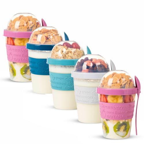 EYNEL 5 Pack On The Go Cereal Yogurt Cups with Lids and Spoon, Overnight Oats Container, Reusable Parfait Plastic Milk Jar Breakfast Crunch Granola Oatmeal Smoothie Snack Prep Bowl