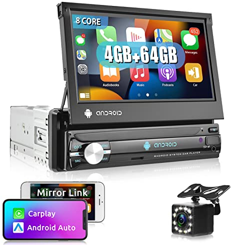 4GB+64GB Coche 1 DIN 8 Core Android Con Wireless Carplay Android Auto Mirror Link, Pantalla Táctil IPS 7 Pulgadas, GPS Navi, Bluetooth, WiFi&4G, HiFi Radio Am/FM/RDS DSP, Cámara Trasera