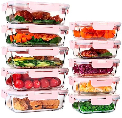 UMEIED 10 PACK Glass Food Storage Containers with Lids, Glass Airtight Meal Prep Container Set for Lunch, On the Go, Leftover, Kitchen Pantry Organizers and Storage, BPA Free & Leak Proof (Pink)