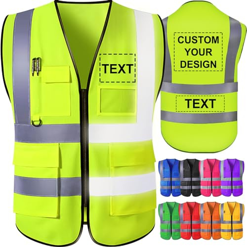 GBVllexuii Gilet di sicurezza personalizzato da uomo con tasche con logo Gilet riflettenti gialli ad alta visibilità Abbigliamento da lavoro di sicurezza per l'edilizia Protezione esterna XL