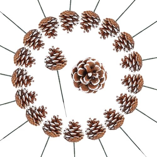 Nsxc 20Pcs 2Inch Christmas Natural Pine Cones-Snow Tipped Pinecones Bulk Ornaments with Green Wire - for Christmas Wreath Garlands Decoration Christmas Tree Decoration Home Party Holiday Decor