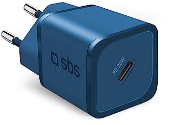 SBS Caricabatterie Portatile per Samsung, iPhone, Xiaomi, Oppo, Caricatore Gan rapido da 20W per Smartphone e Tablet, Caricabatterie Power Delivery Veloce e Sicuro con USB-C, Blu