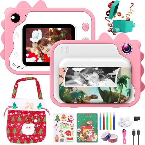 Kids Digital Camera, 1080P 2.4 Screen Zero Ink Thermal Camera with 3 Rolls Print Paper, 32G TF Card & 5 Color Pens, Christmas Dinasour Gift for Boys Girls(Pink)