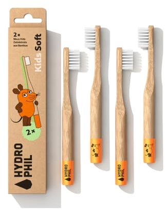 Hydrophil 4 x Spazzolino da denti per bambini extra morbido in bambù, con il mouse di Sendung mit der Mouse, in bambù per bambini, manico rotondo, spazzolino da denti per bambini dai 3 anni in su,