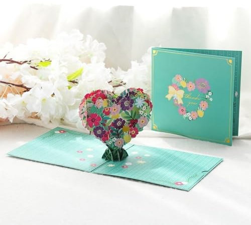 3D Pop-up Postkarte Danke - Herz aus Blumen - 3D Effekt-Geschenkkarten, innovativ und genial, ideal für jeden Anlass, ein unvergessliches Geschenk für Ihre Lieben