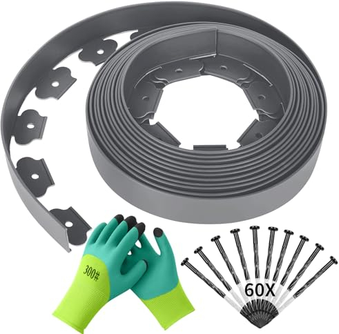 Forever Speed Bordi da Giardino Flessibile in Plastica 10m x 5cm(LxH) [60 Ancoraggi a Terra + 1 Paio di Guanti] Recinzione Prato Bordo Giardino Bordi Aiuole Grigio
