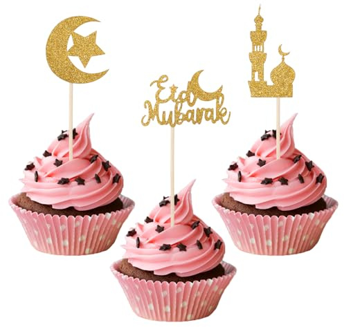 24st Eid Mubarak Cupcake Toppers, Glitter Guld Ramadan Tårtdekorationer Med Måne och Stjärna för Islamisk Muslimsk Temafest