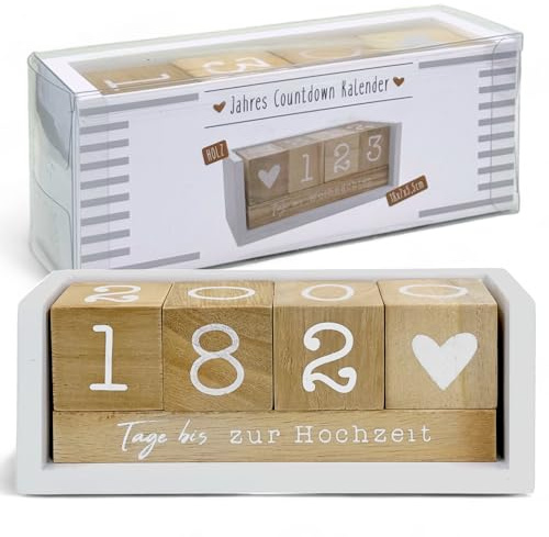 MIJOMA År nedräkningskalender av trä – permanent bordskalender med dekorativa kuber – upp till 432 dagar för speciella tillfällen (vit/natur – tysk utgåva, ca. 18 × 7 × 5,5 cm)