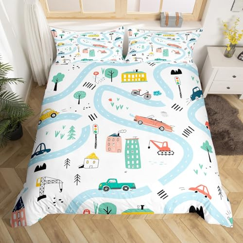 Erosebridal Kids Dinosaur Bed Set for Boys Girls Cartoon Train Duvet Cover Twin Size, Cute Kawaii Bedding Sets Animal Dino Comforter Cover, Jungle Tree Bed Cover 2pcs with 1 Pillowcase