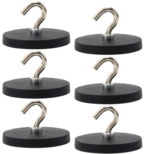 Aicharynic 6 ganci magnetici di colore nero, 43 mm di spessore con gancio, senza punzonatura, gancio magnetico gommato, extra forte da 10 kg, supporto magnetico per porte in ferro, frigoriferi,