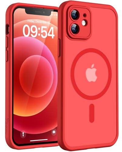 TOCOL für iPhone 12 Hülle, Kompatibel mit MagSafe, Matt Rot | Eingebauter Magnetring, Vollständiger Kameraschutz, Militärschutz Stoßfest Kratzfest Haltbarkeit, Durchscheinend Rückseite