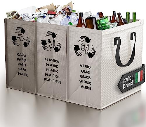 PTMS® Borse Raccolta Differenziata - 3 Contenitori Raccolta Differenziata per Carta, Plastica e Vetro - Set Pattumiera per Differenziata in grigio moderno - Bidone Differenziata da Interno