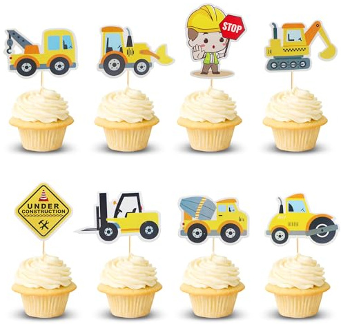 Arthsdite 24pcs Construction Cupcake Toppers Stop Sign Dump Truck Excavator Tractor Party Cake Food Picks Decorations for Construction Theme Baby Shower Kids Birthday Party Supplies