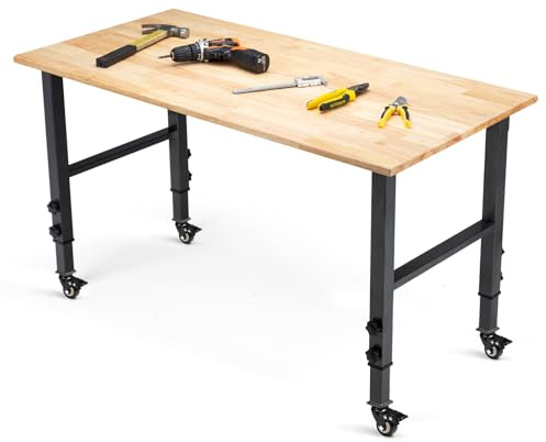 OLBRUS 48 Adjustable Wheels Workbench, Heavy Duty 2000 LBS Load Capacity Hardwood Workbench Suitable for Workshop, Office, Garage, Home (Metal Wheels丨No Power Outlets 48x24)