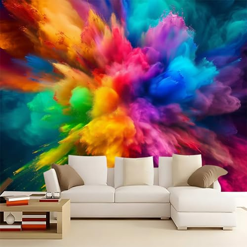 Papier Peint Panoramique 3D XXL 350x256 cm - Fresque Murale Explosion de Fumée Arc-en-Ciel - Tapisserie Intissé Abstraite pour Salon, Chambre, Bureau - Décoration Murale Colorée Grande Taille