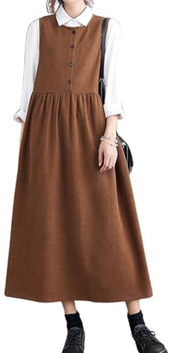chouyatou Women's Cute Sleeveless Corduroy Overall Dress Jumper Midi Babydoll Tank Dress with Pockets (Medium,Brown)