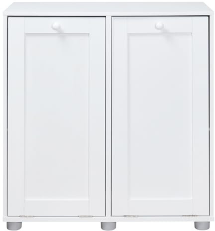 spot on dealz® Free Standing Bathroom Cabinet with 2 Foldable Laundry Baskets - Slim White Sideboard, Space-Saving Storage Furniture for Laundry, Bathroom & Utility Rooms
