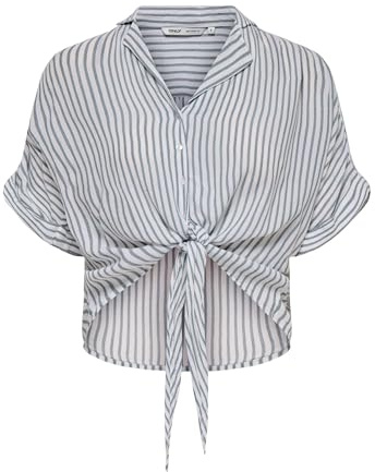 ONLY Blusa de Mujer acortada, Media Manga, Detalle de Nudo, Cuello de Camisa, Tira de Botones, Elegante, Cloud Dancer, XS