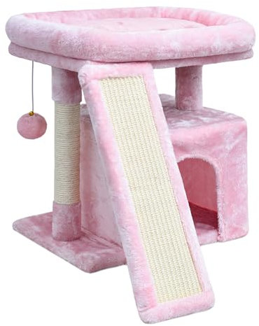 Árbol pequeño para gatos de interior, torre para gatos con poste rascador y tablero, casa para gatos con percha para gatos adultos y gatitos, condominio para gatos, soporte estable para gatos (rosa)