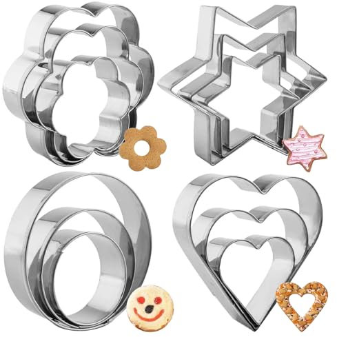 HSYTEK 12 Stück Ausstechformen, Verdickter Keksausstecher in vier Formen, Drei Verschiedene Größen von Plätzchen Ausstecher Weihnachten zum Ausstechen von Keksen, Kuchen und Obst