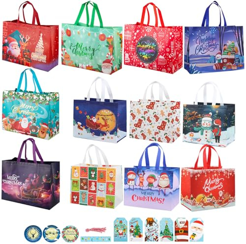 12-pack jultygväskor, återanvändbara presentpåsar med handtag inkluderar 6 stora 33 cm, 6 extra stora 43 cm vattentäta shoppingväskor med julgodis, julfestväskor dekorationer (6 + 6 st)