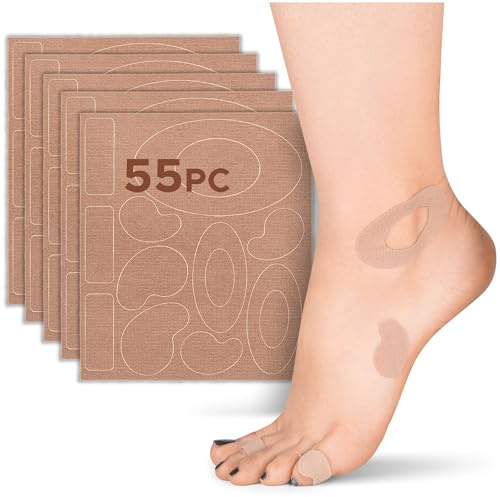HALUTO Lot de 55 pansements Moleskin pour pieds - Pansements anti-ampoules - Talons et orteils - Pansements de protection contre la pression - Protection pour frottements et hallux - Anneaux de